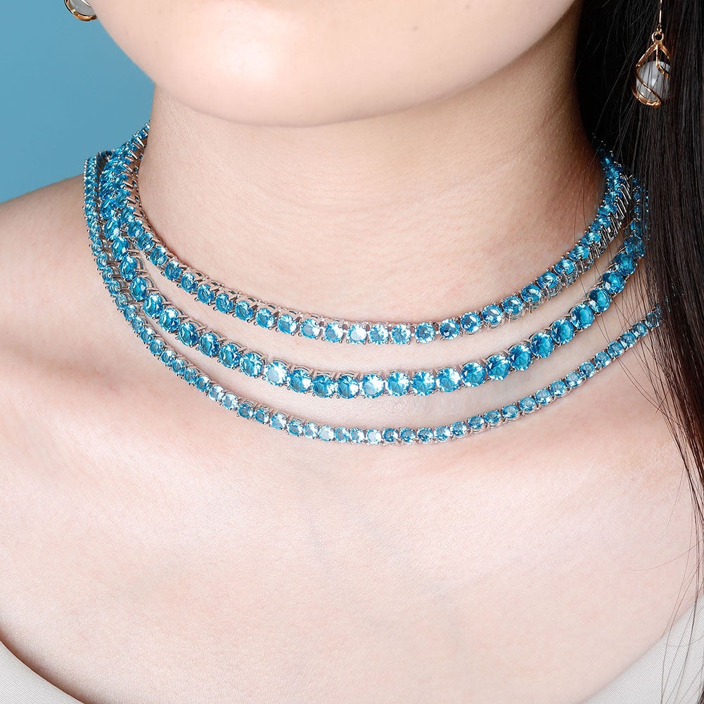 Pink Blue Iced 3mm-6mm Choker Style 1 Row AAA Tennis Chain Necklace