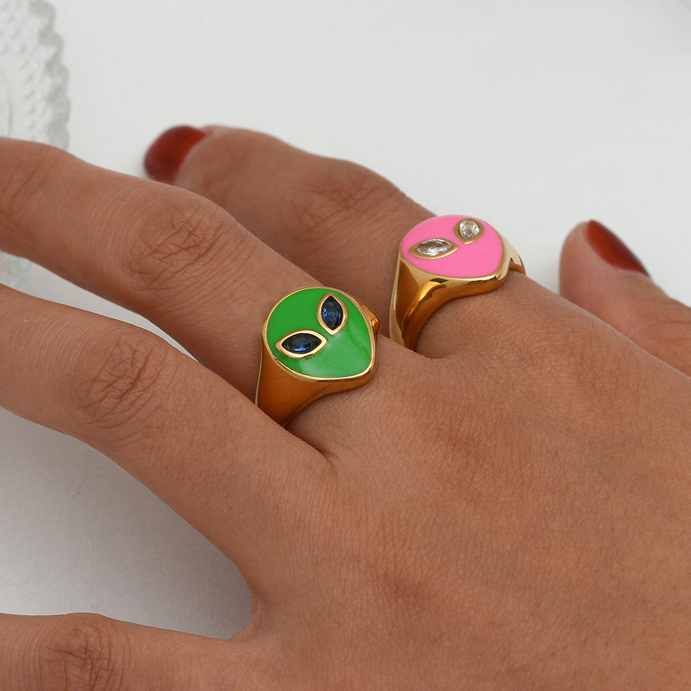 18k Gold Waterproof Tarnish Free Stainless Steel Colorful Pink Green CZ Stone Alien Rings