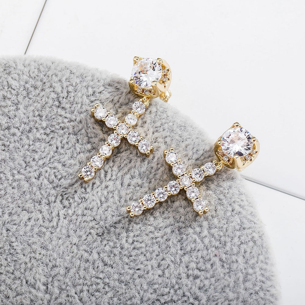 Ladies High Quality Ladies 14k White Yellow Gold Center Stone Bling Cross Drop Earrings