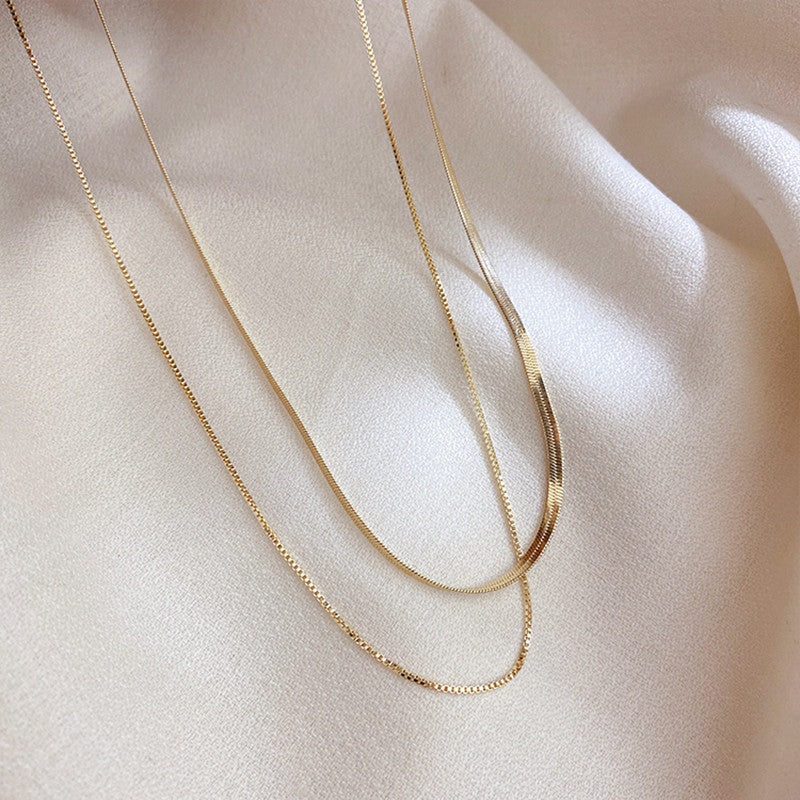 18k Gold Double Layers 14K Gold Plated Box Herringbone Chain Choker Necklaces