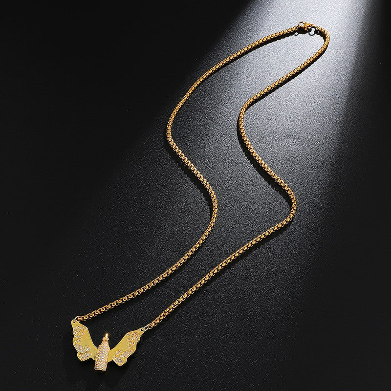 Hip Hop Iced Pave Set 14k Gold .925 Silver Angel Wings Bullet Bling Pendant Chain Necklace