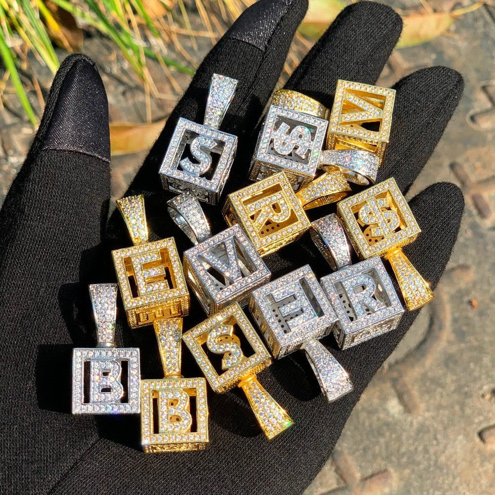 Baby Block | Gold Silver Square VVS Diamond CZ Initial Letter Hip Hop Pendant