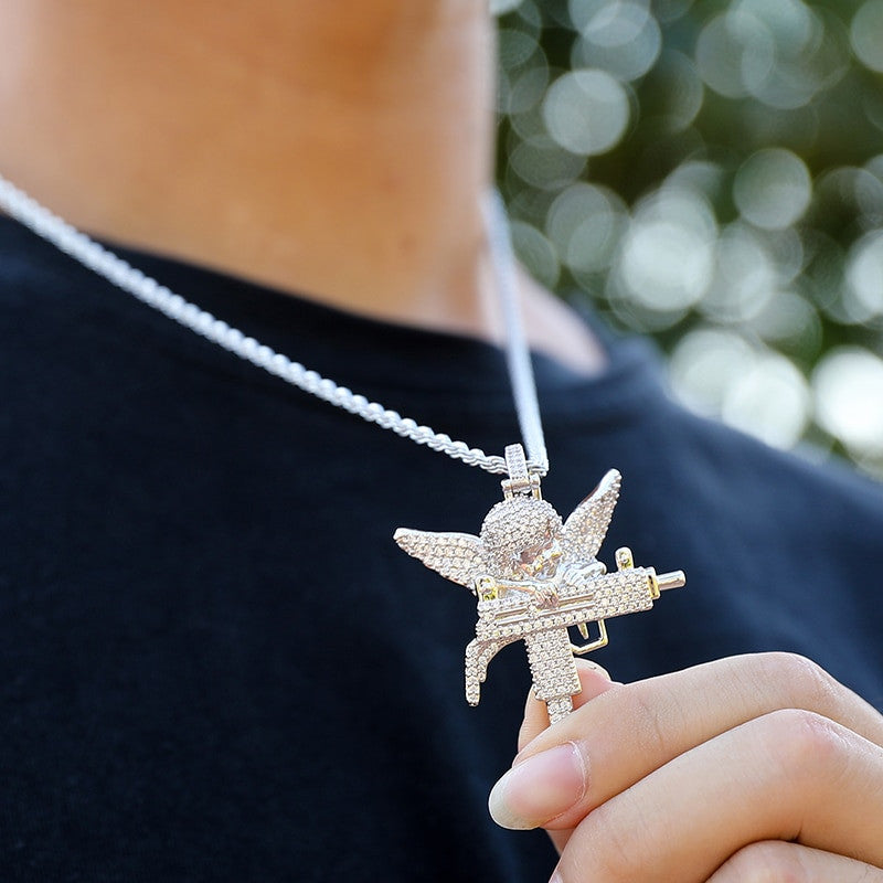 Flooded Ice Uzi Machine Hip Hop Guardian Angel Bling Pendant Chain Necklace