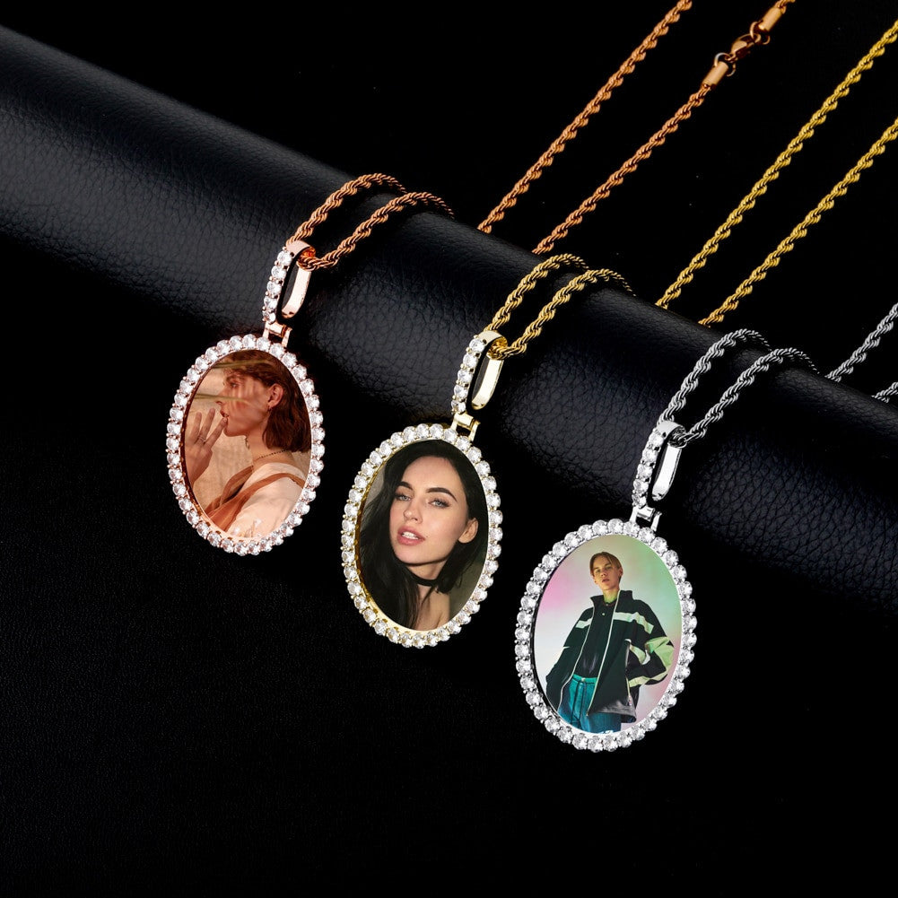 Flooded Iced Oval Custom Photo Picture Selfie Hip Hop Pendant Chain Necklace
