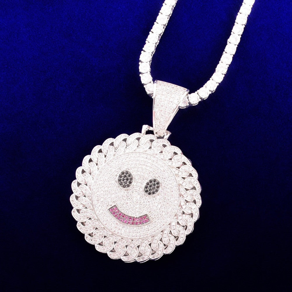 18k Gold 925 Silver Flooded Ice Cuban Link Design Smiley Face Hip Hop Pendant Chain Necklaces