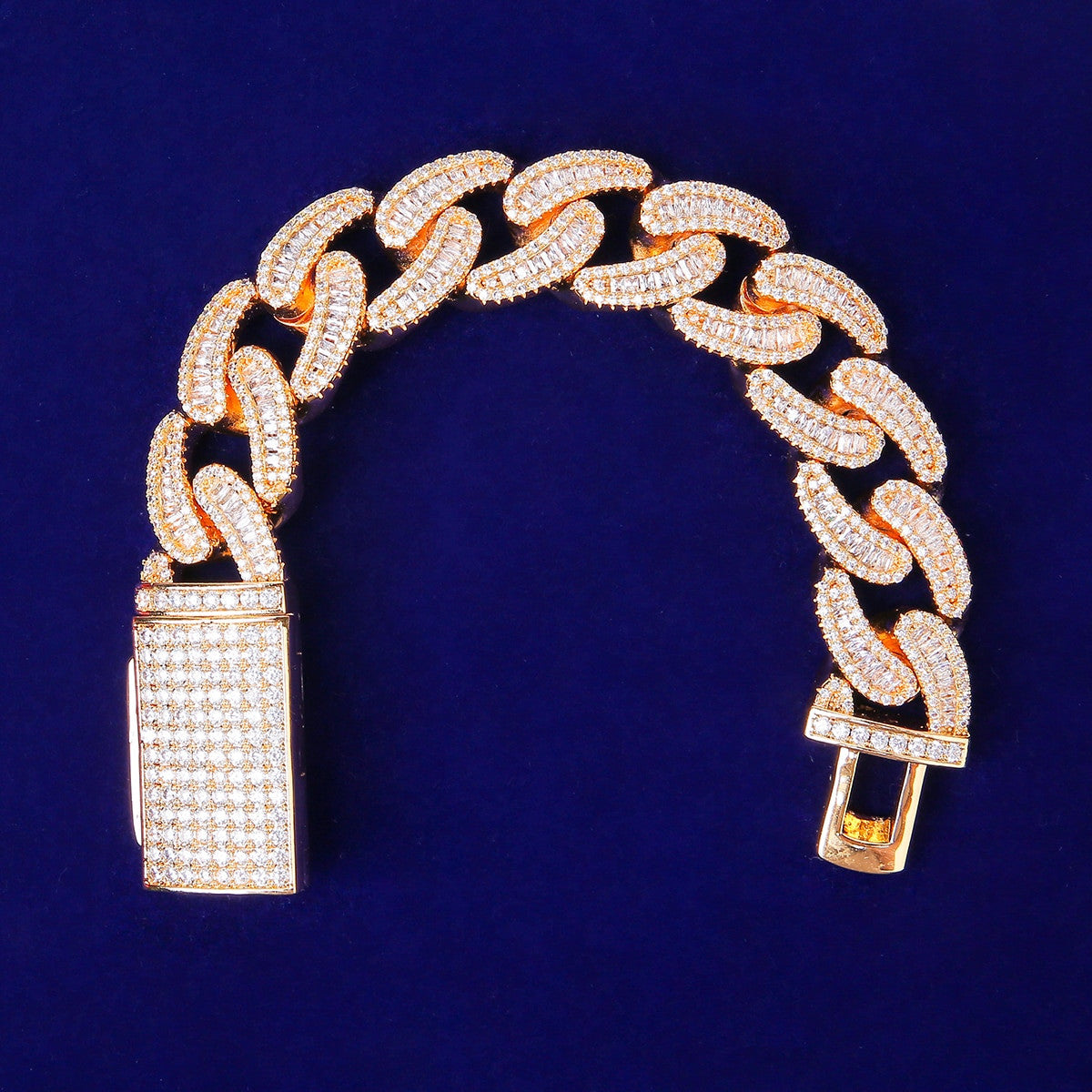  Men&#39;s True Ice 3A Micro Pave Baguette Stone 24k Gold | White Gold Bracelets