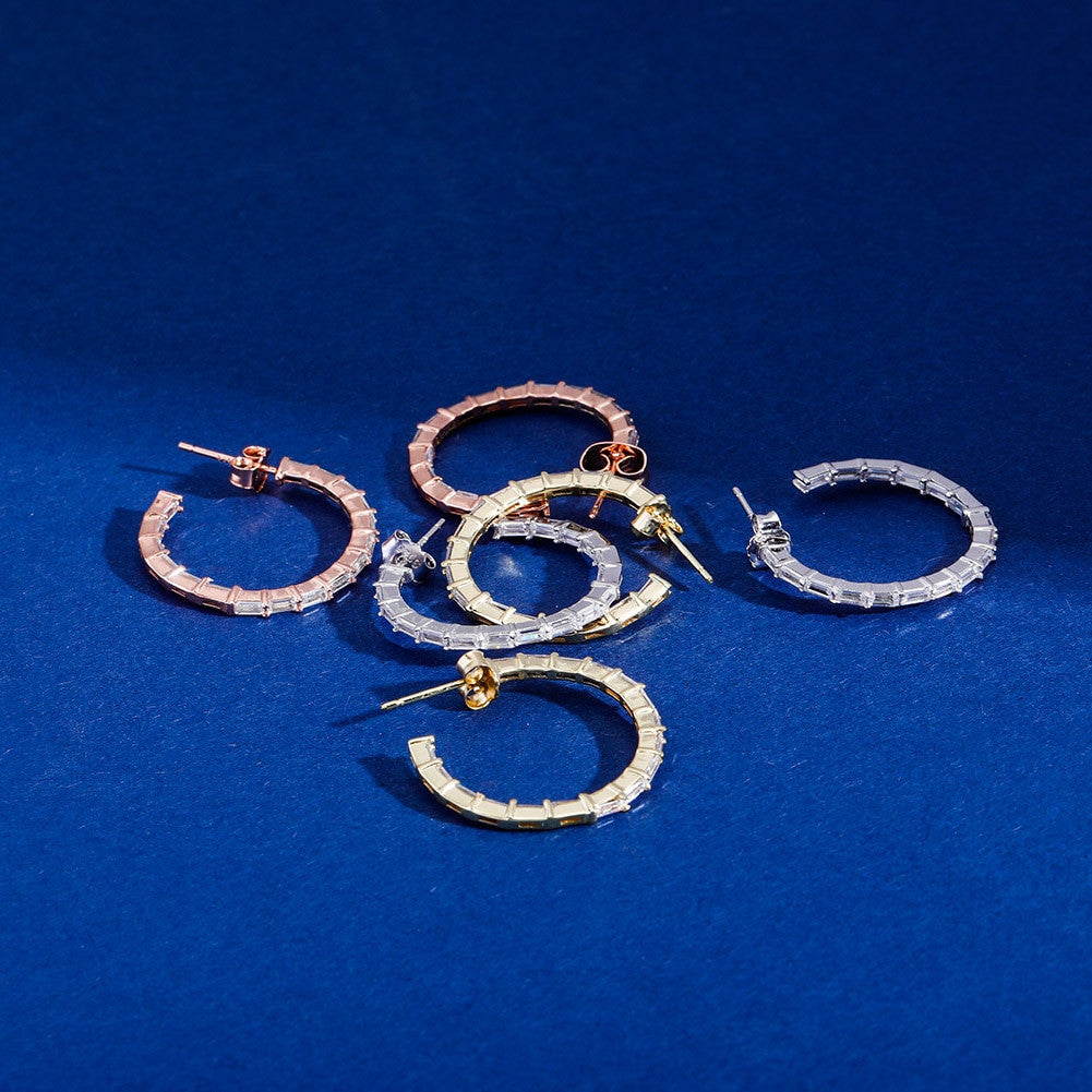 Flooded Ice All Baguette 925 Sterling Silver 24mm Round Circle Hoop Earrings