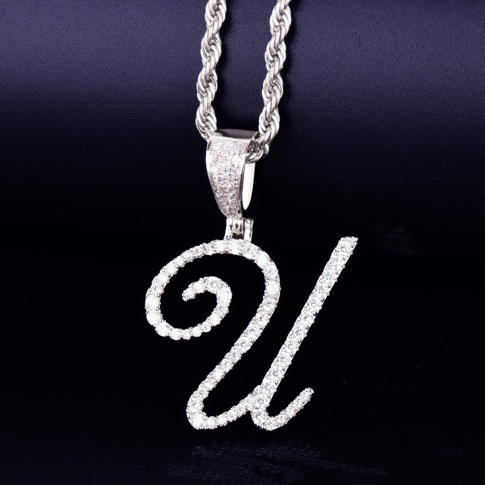 Cursive Letters Flooded Ice True Micro Pave Hip Hop Custom Letter Pendant Chain Necklace