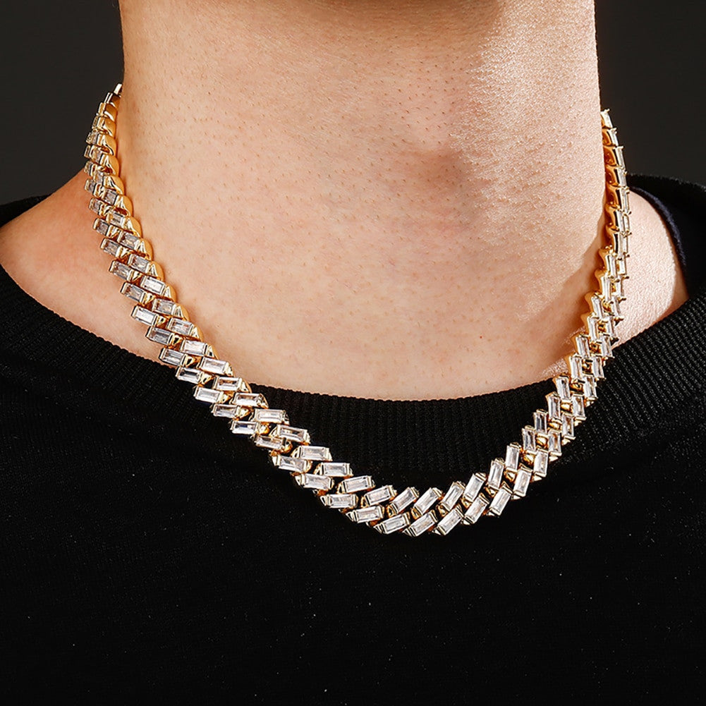 Channel Set 12MM All Baguette Cuban Link Hip Hop White Yellow Gold Bling Chain Necklace
