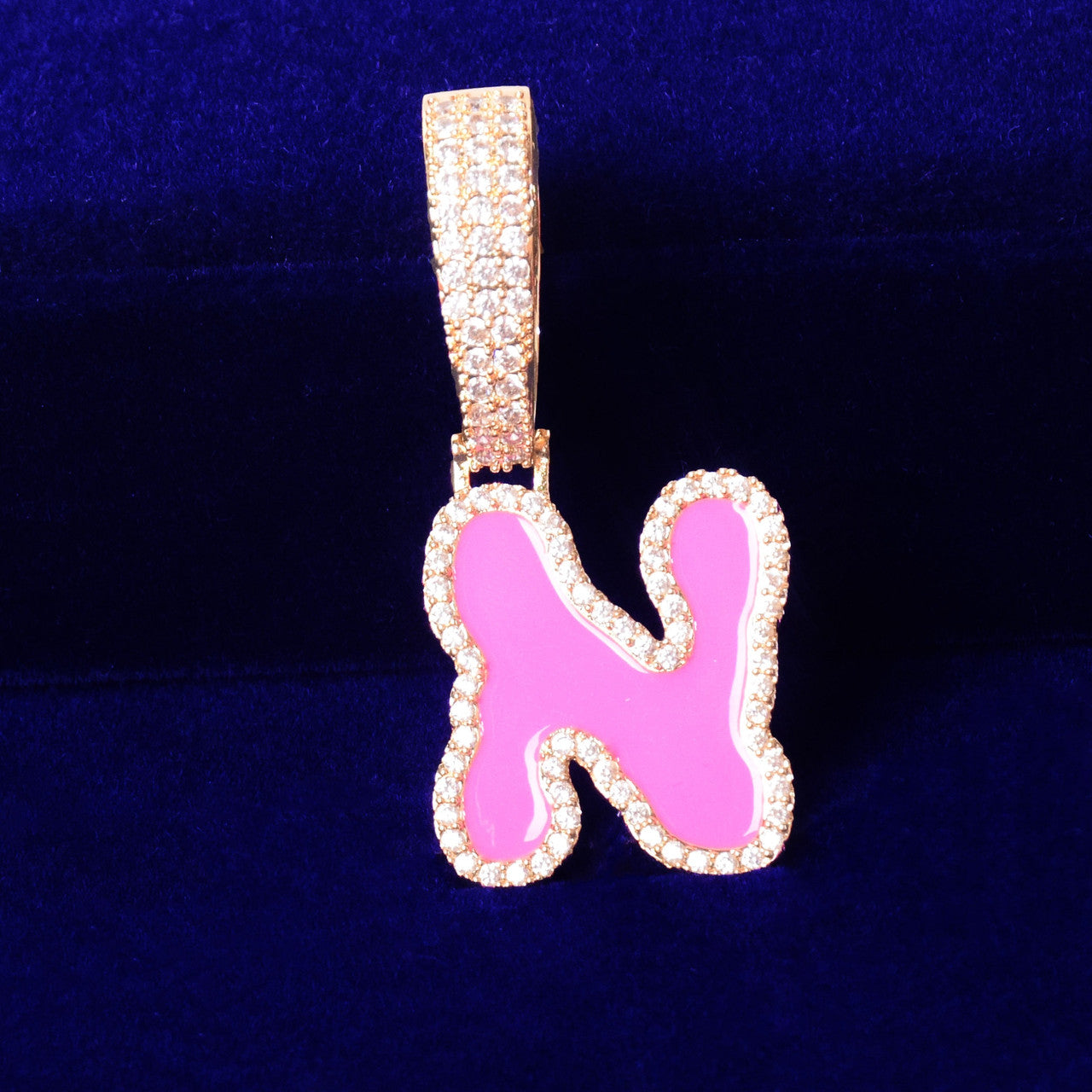Flooded Ice Hot Pink Single Letter AAA Micro Pave Bling Initial Pendant Chain Necklaces
