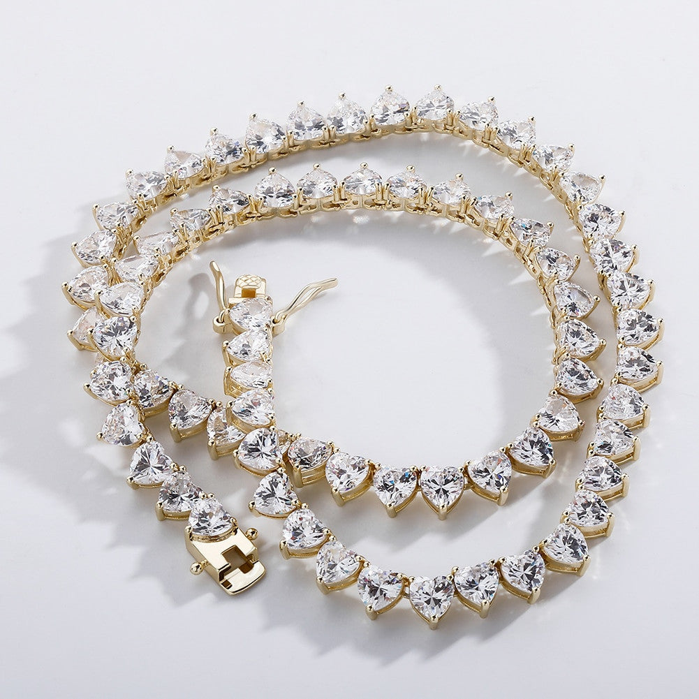 Rose Gold 14k 925 Silver Total Iced AAA Heart Shaped Prong Set Tennis Chain Necklace