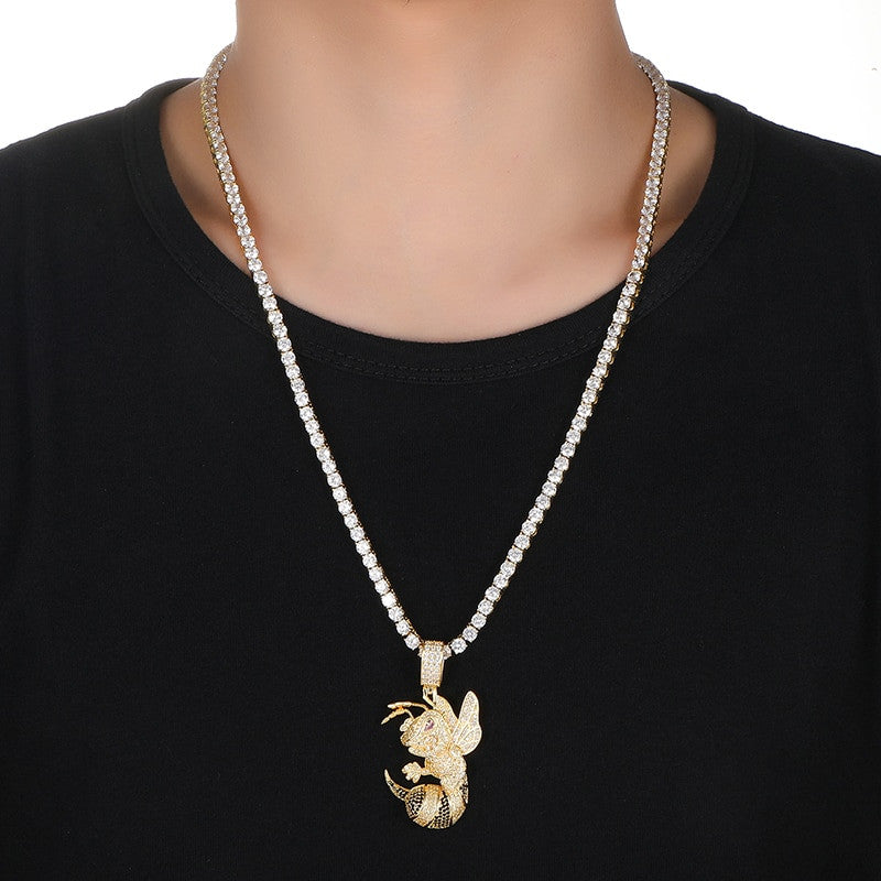 18k Gold .925 Silver Killer Bee AAA Micro Pave Hip Hop Pendant Chain Necklace