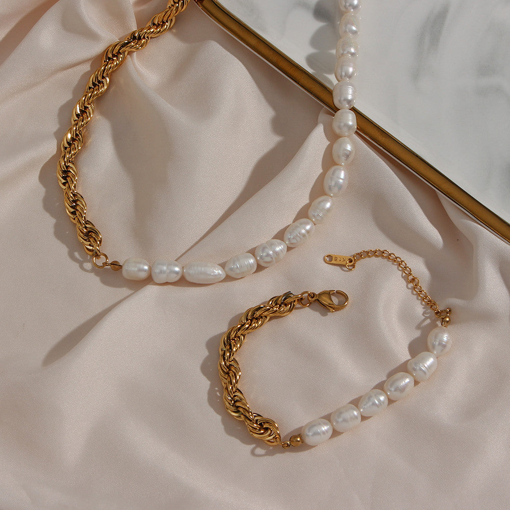 Ladies Bold Twisted Rope Chain Freshwater Pearl Chunky Necklace Bracelet Sets