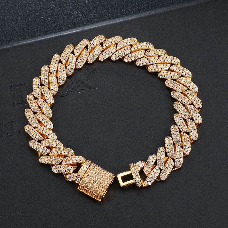 925 Silver 18k Gold Flooded Ice Close Cut Square Cuban Link Hip Hop Bracelet