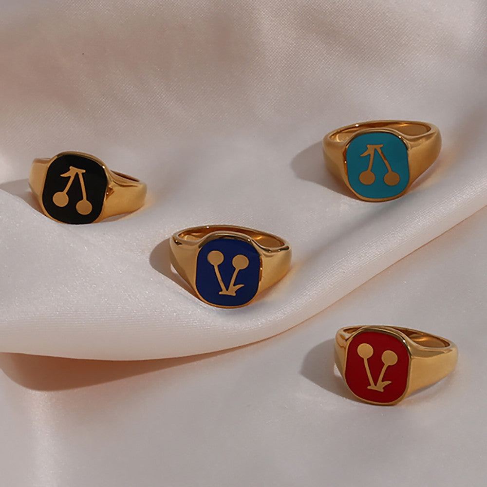 Ladies 18k Gold Solid Stainless Steel Black Red Blue Enamel Stone Cherry Ring