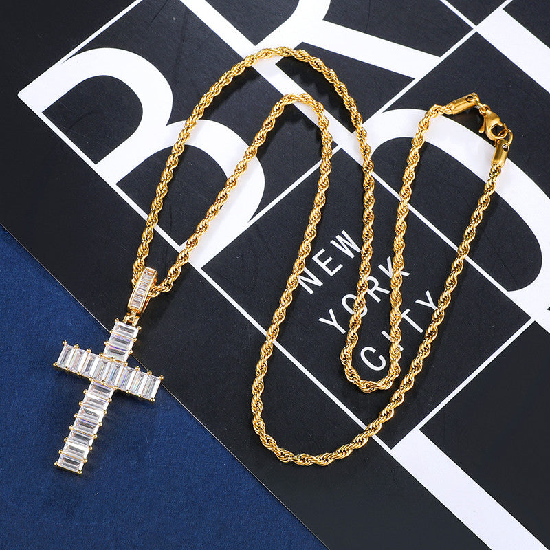 AAA Baguette Stone Prong Set Medium Flooded Ice Hip Hop Cross Pendant