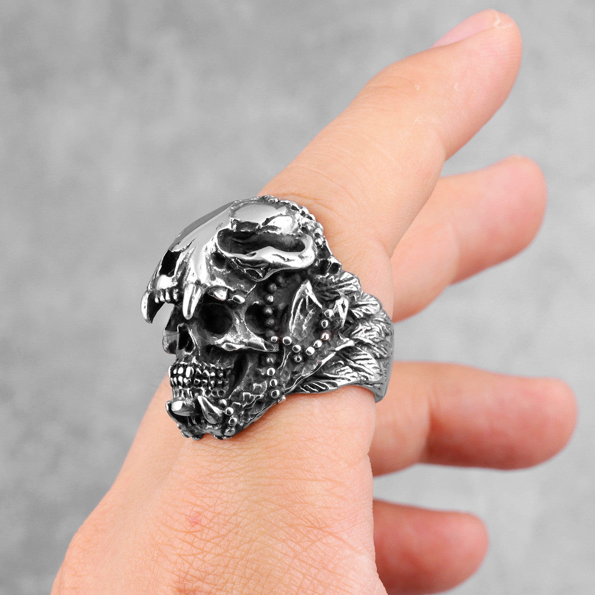 Mens No Fade Stainless Steel Jaguar Warrior Skull Vintage Street Wear Rings