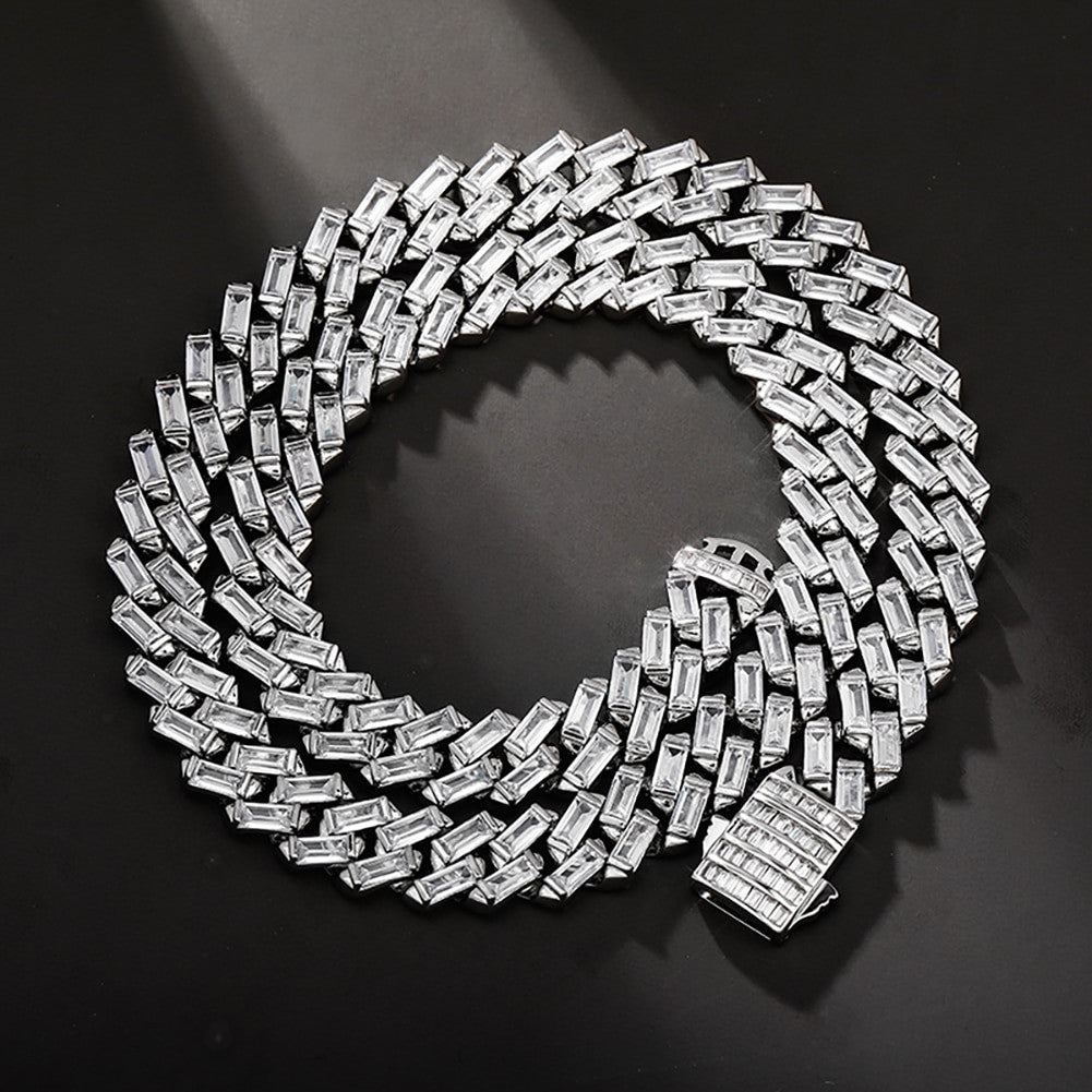 Channel Set 12MM All Baguette Cuban Link Hip Hop White Yellow Gold Bling Chain Necklace