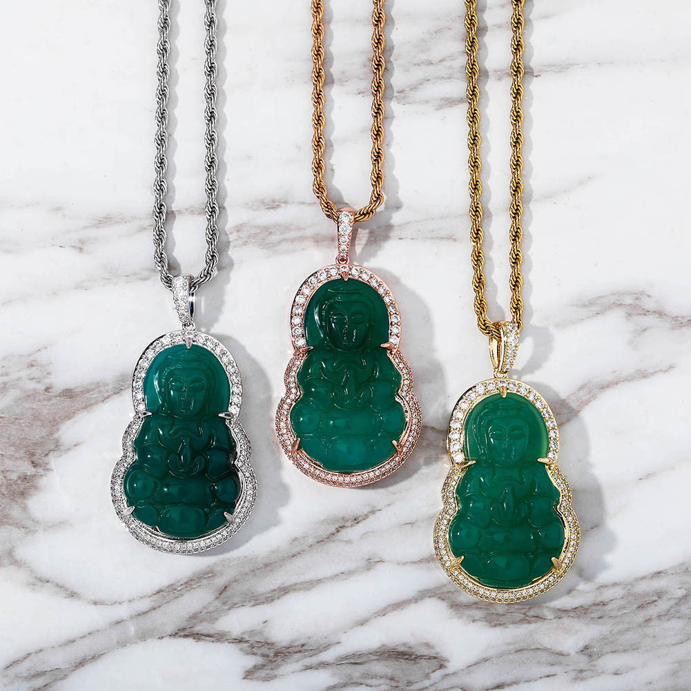 AAA 14k Gold .925 Silver Emerald Micro Pave Avalokitesvara Bodhisattva Buddha Pendant