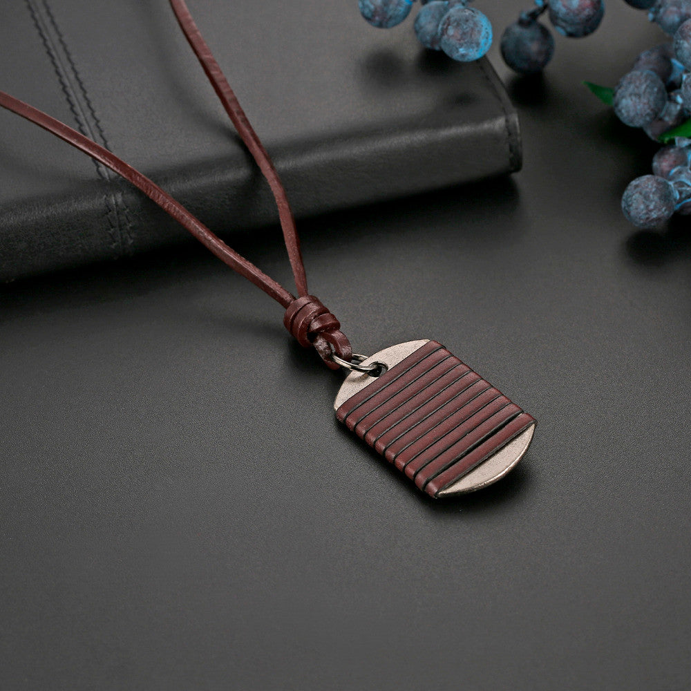Mens Adjustable Leather Wrap Dog Tag Pendant Chain Necklace