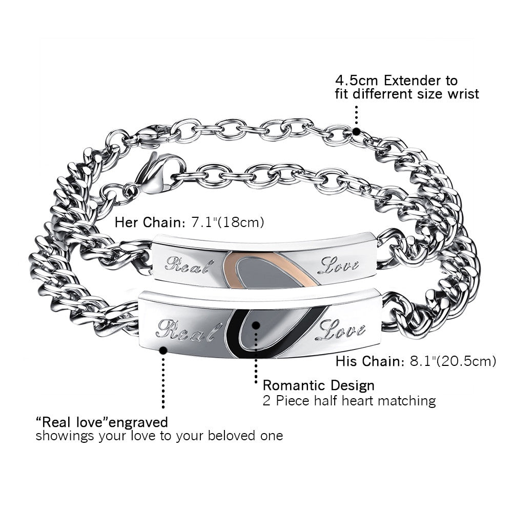 Couples Lovers Real Love No Fade Stainless Steel Heart Bracelet