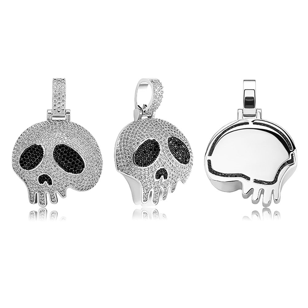 Mens 14k Gold 925 Silver Flooded Ice Broken Skull Head Hip Hop Pendant Chain Necklace