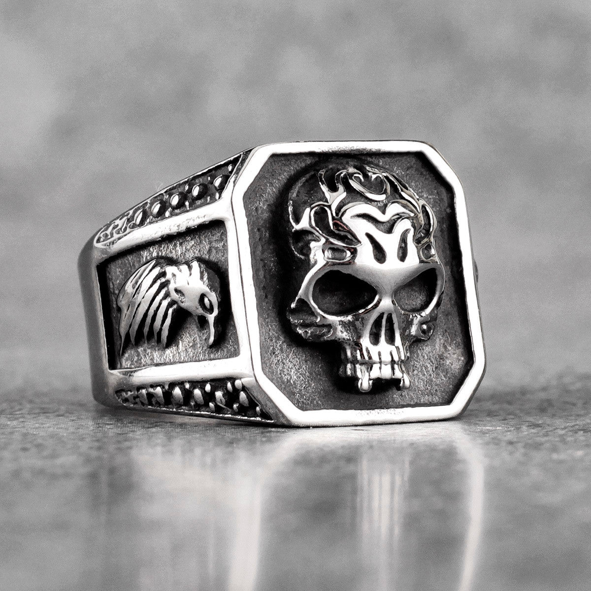 Mens Silver No Fade Stainless Steel Hell Fire Skull Eagle Street Wear Jewelry Rings