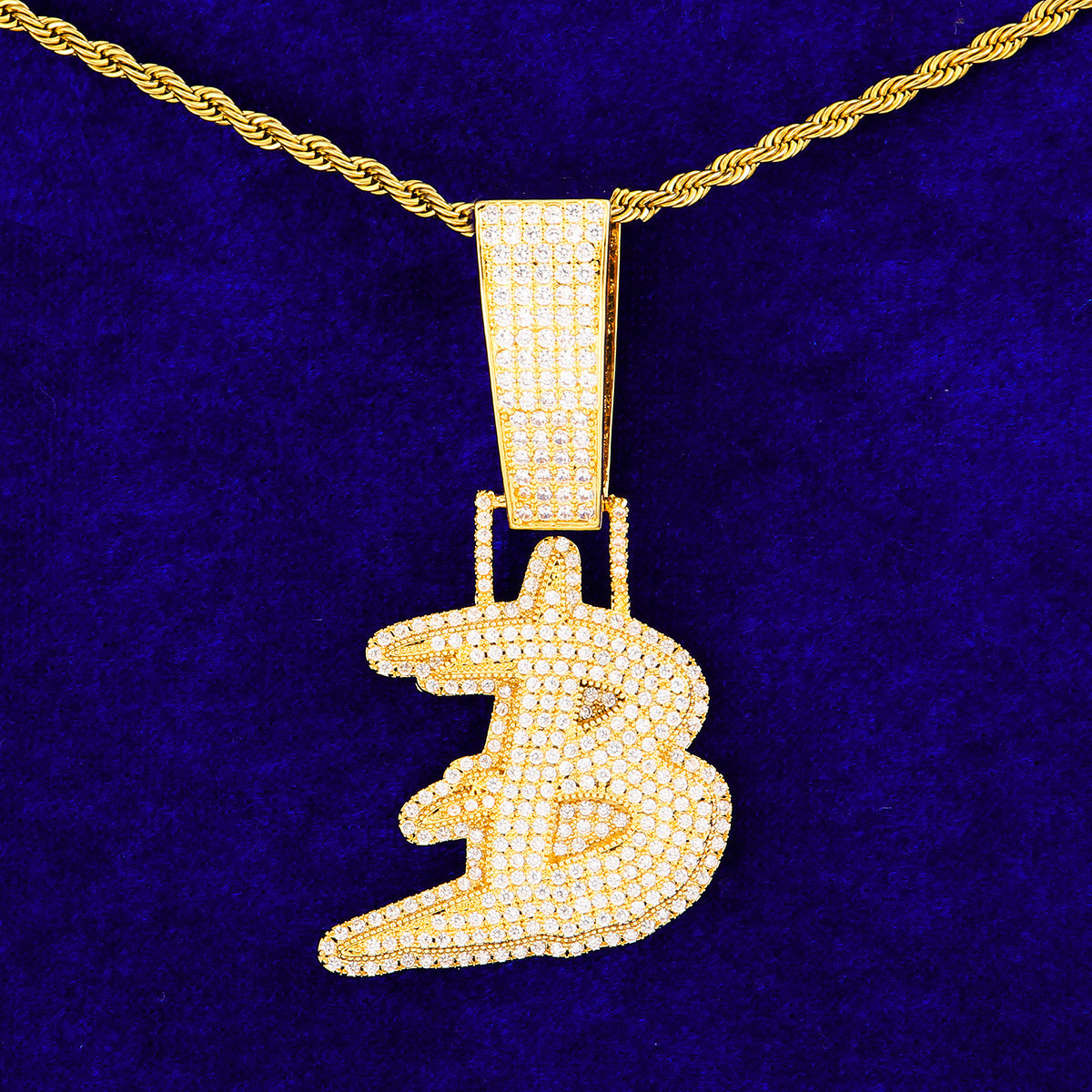 24k Gold 925 Silver Iced Initial Graffiti Letter Hip Hop Pendant Chain Necklaces