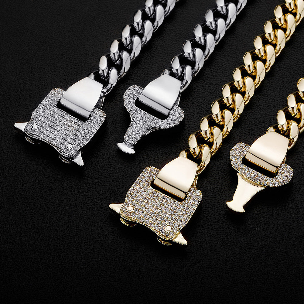 Mens 12mm Iced Spring Clasp 14k Gold Cuban Link Chains