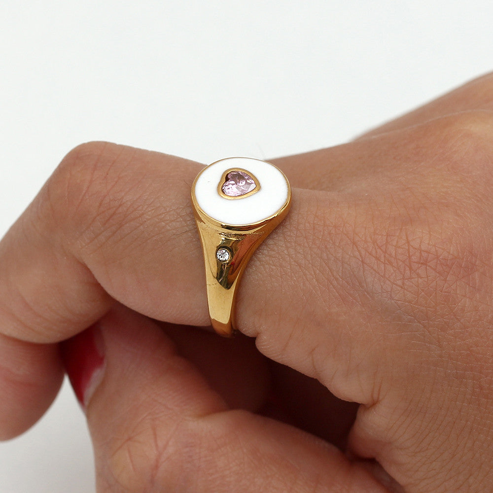 Black Purple Pink CZ Heart Stone 18k Gold Stainless Steel Waterproof Bling Rings