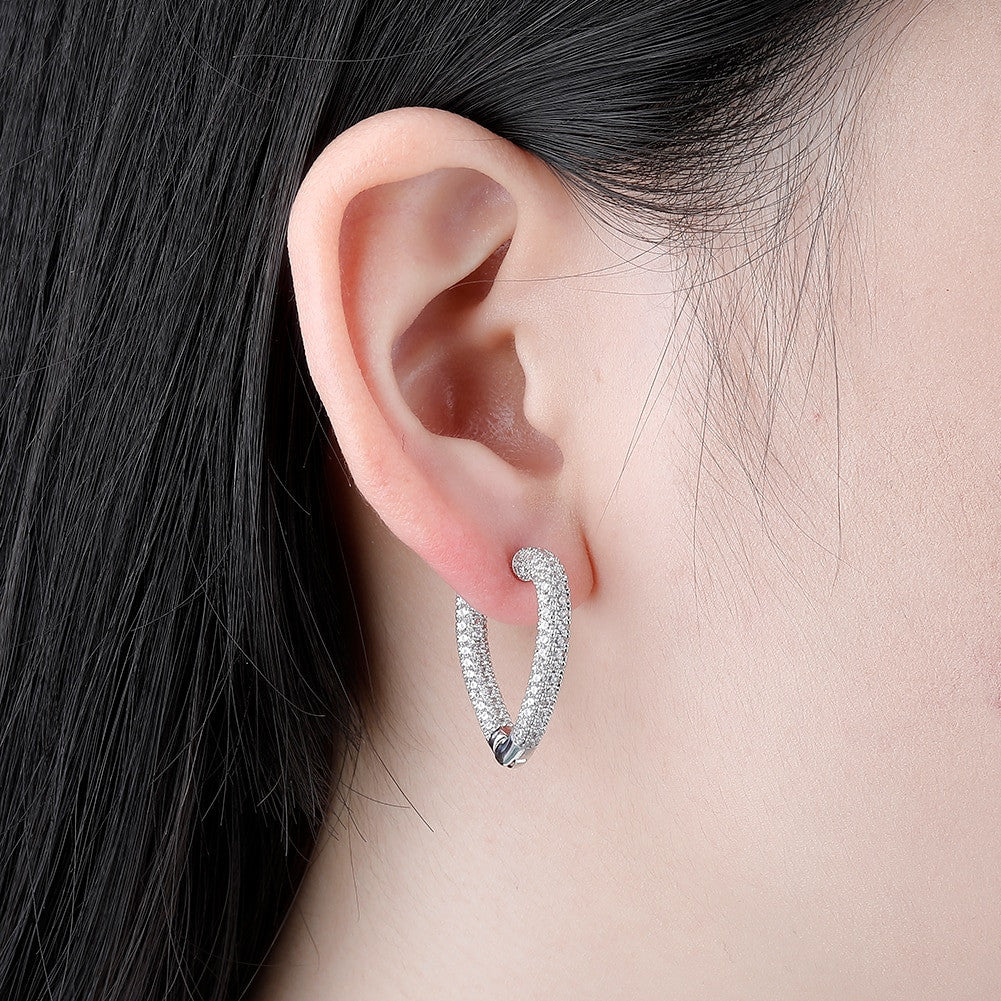 Ladies High Fashion Hoop Heart AAA Stone Yellow White Gold Bling Earrings