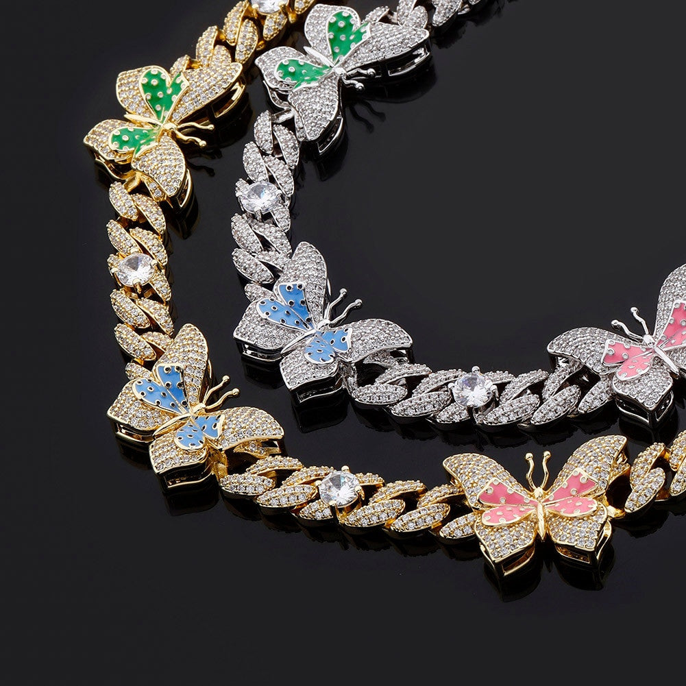 Ladies Double Color Choker Style Butterfly Cuban Link Chain Necklace