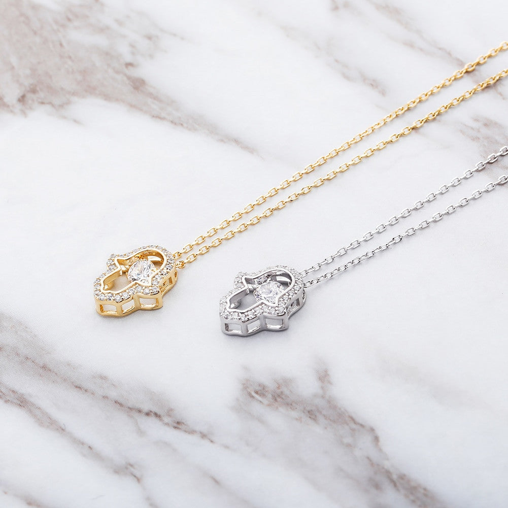 Ladies Center Stone Hamsa Hand 14k Gold Over Solid Sterling Silver Pendant Necklace