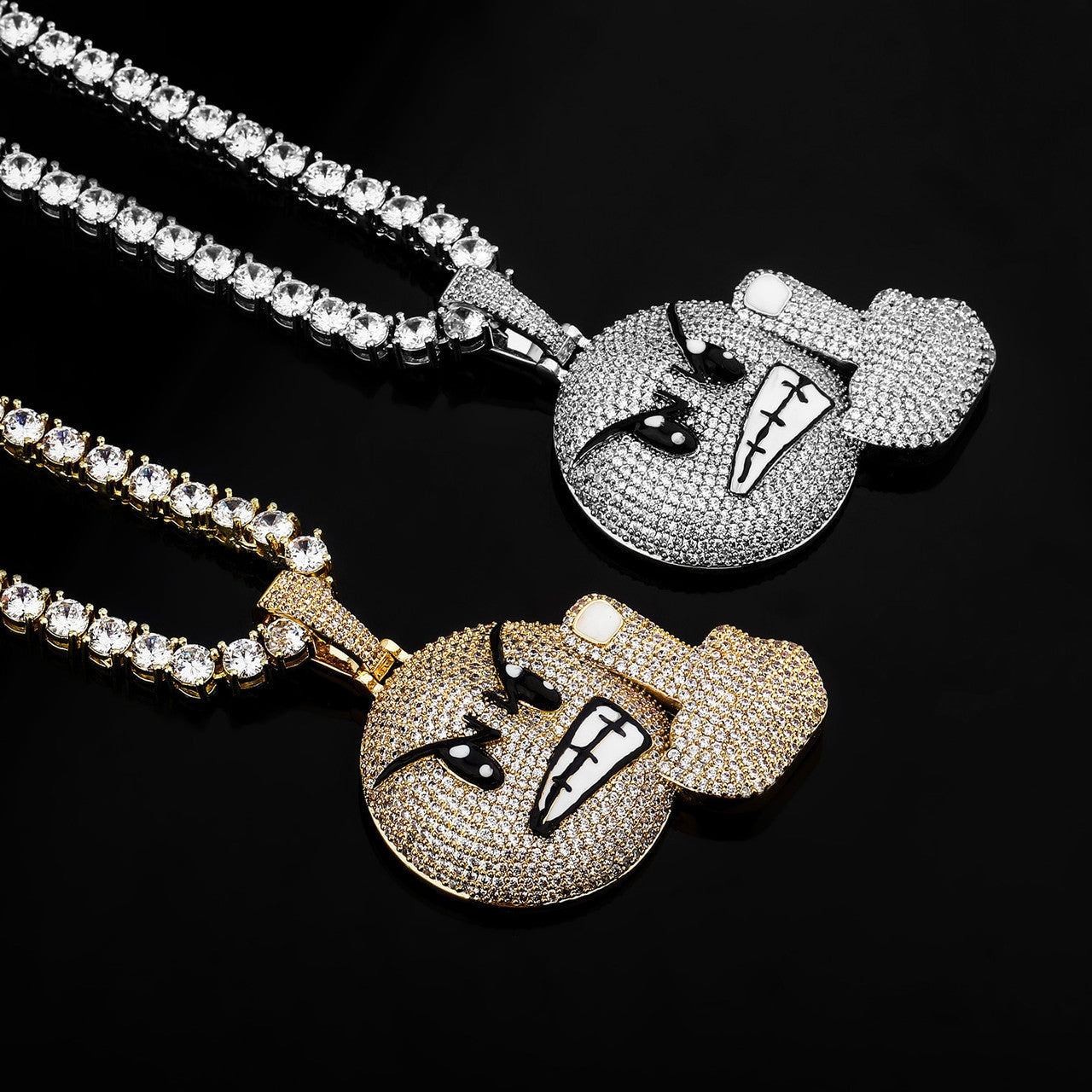 Mens New Bling Angry Face Middle Finger Emoji AAA Simulate Diamond Flooded Ice Pendant