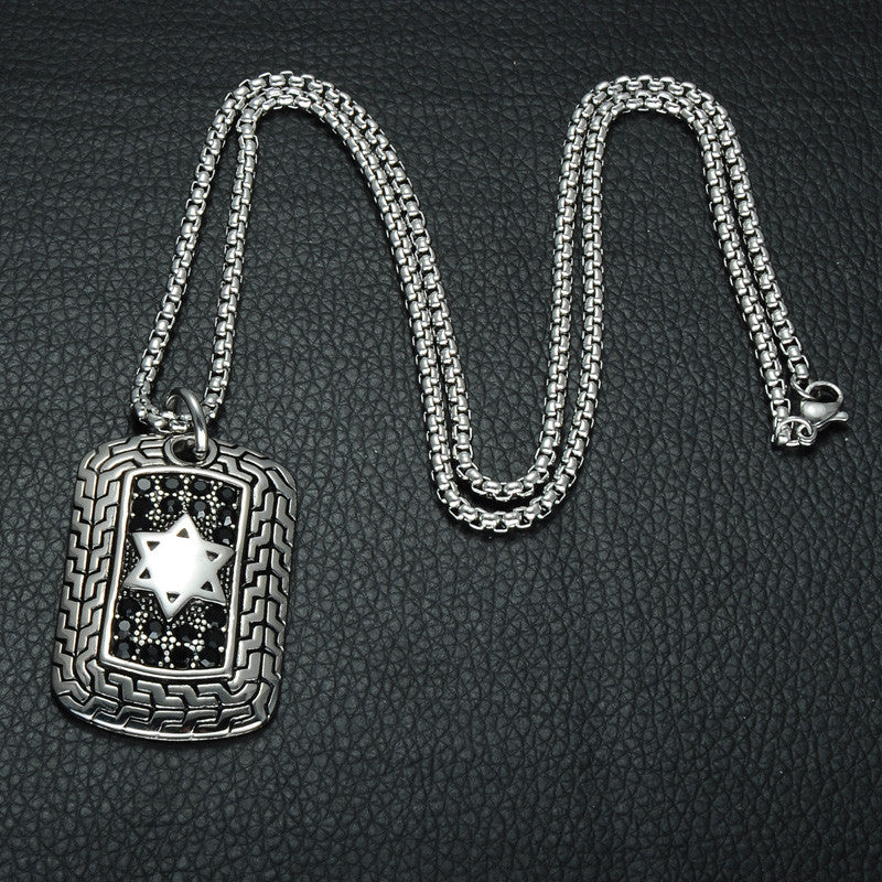 Mens Silver Stainless Steel Square Star of David Dog Tag Pendant Chain Necklace