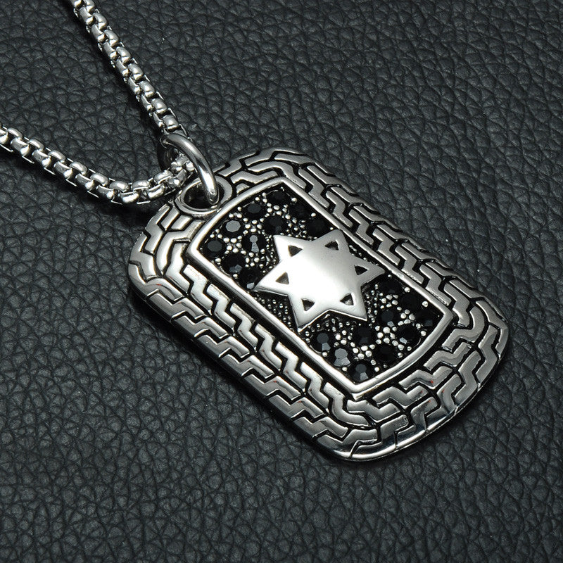 Mens Silver Stainless Steel Square Star of David Dog Tag Pendant Chain Necklace
