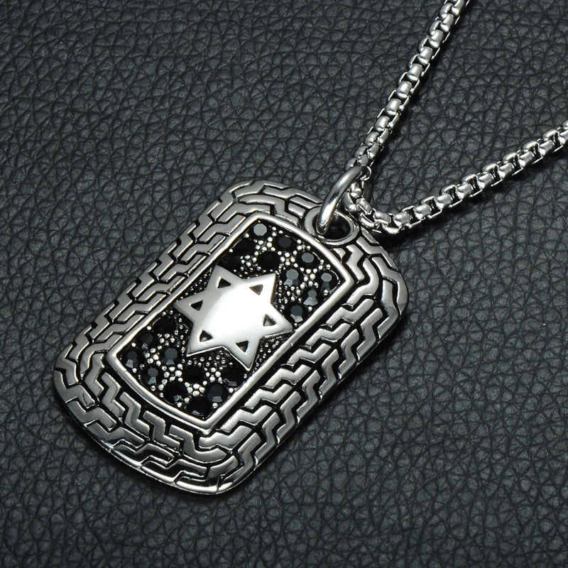 Mens Silver Stainless Steel Square Star of David Dog Tag Pendant Chain Necklace