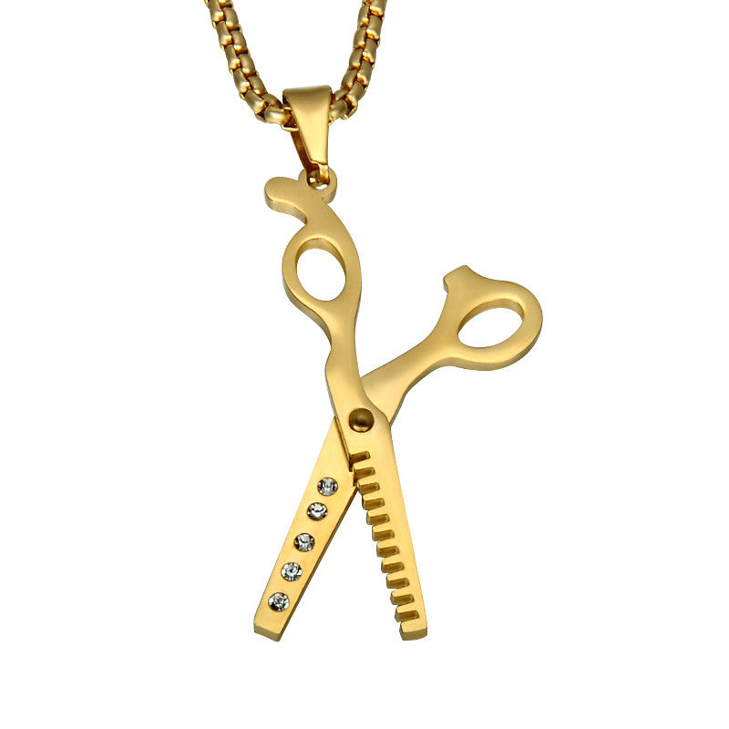 14k Gold Silver Bling Haircut Barber Scissors 316L Stainless Steel Chain Pendant