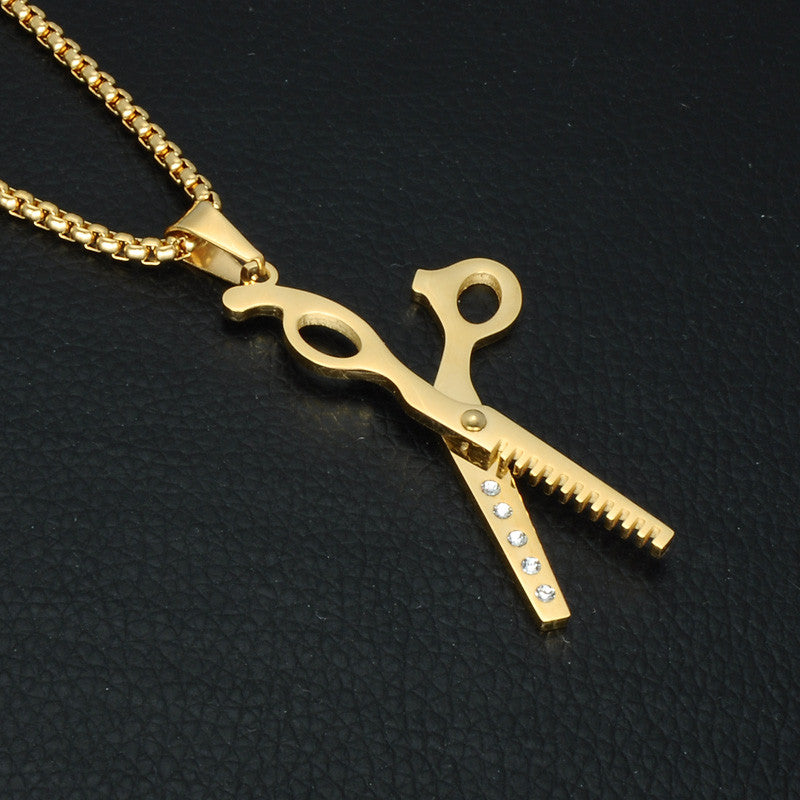 14k Gold Silver Bling Haircut Barber Scissors 316L Stainless Steel Chain Pendant