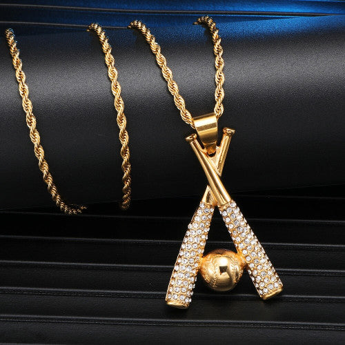 Double Play | 14k Gold Over Solid Stainless Steel Hip Hop Baseball Bling Iced Pendant