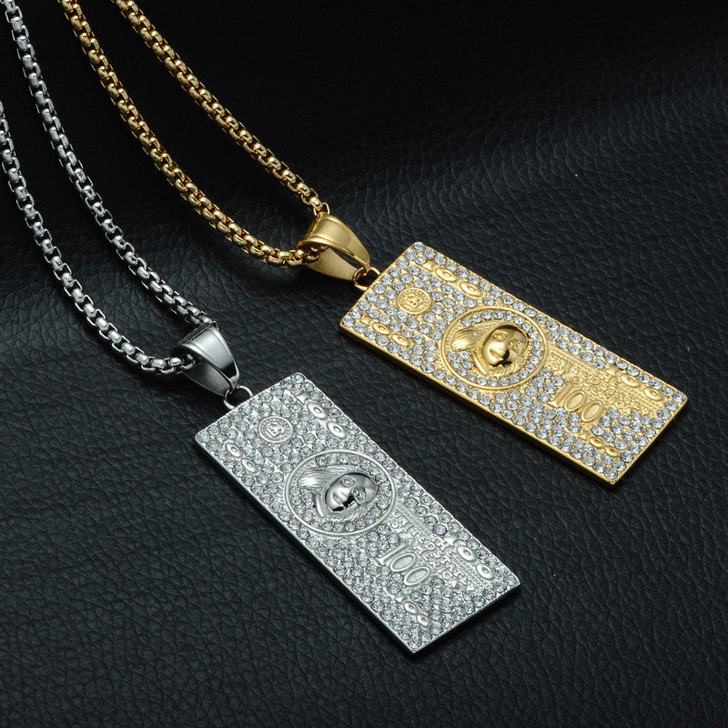 Flooded Ice 14k Gold Silver Stainless Steel Laughing To The Bank 100 Dollars Money Chain Pendant