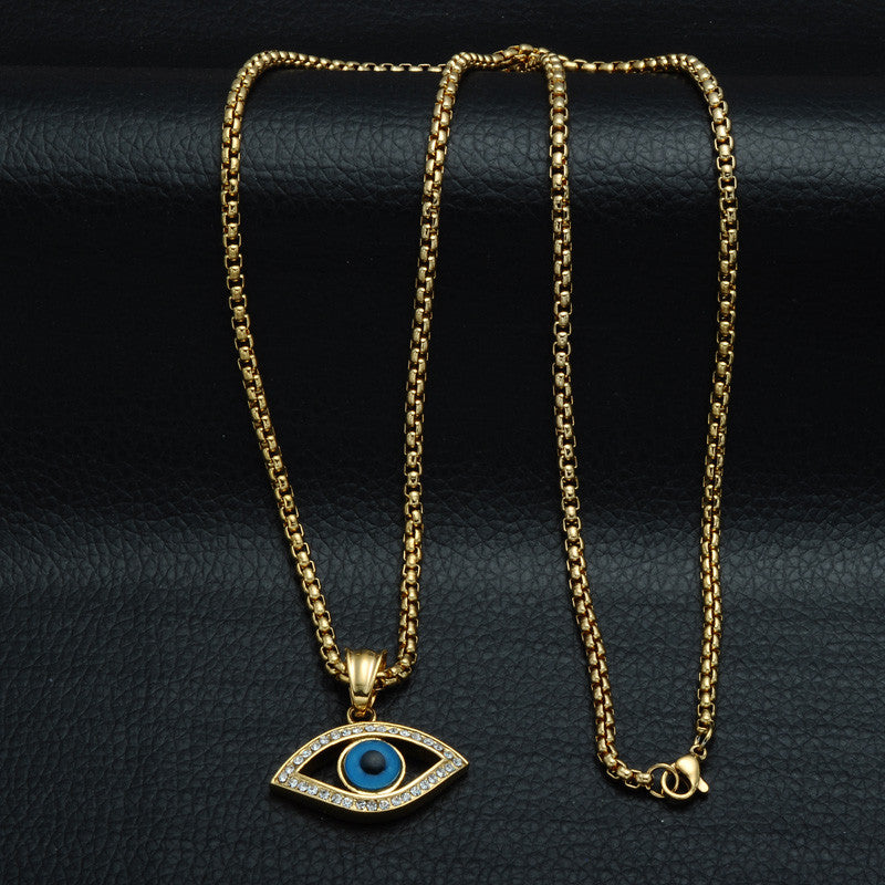 14k Gold Natural Stone All Seeing Evil Eye Stainless Steel Pendant Chain Necklace