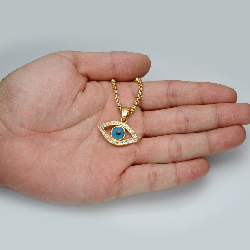 14k Gold Natural Stone All Seeing Evil Eye Stainless Steel Pendant Chain Necklace