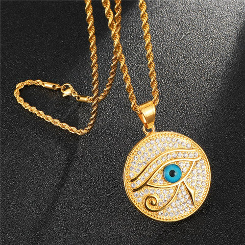 Golden Ra | 14k Gold Stainless Steel Ancient African Eye Of Ra Bling Pendant Chain Necklace