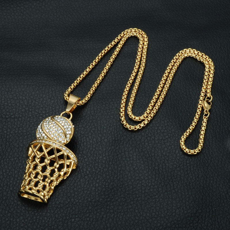 Hip Hop 18k Gold Full Simulated Diamond 316L Stainless Steel Basketball Chain Pendant