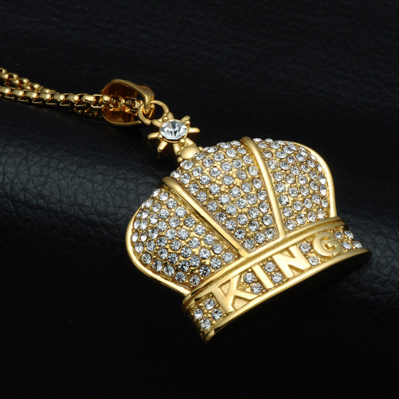 14k Gold Flooded Ice King Crown AAA Stone Stainless Steel Hip Hop Pendant