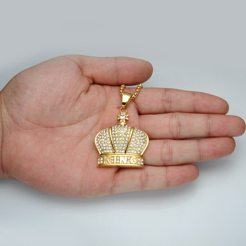14k Gold Flooded Ice King Crown AAA Stone Stainless Steel Hip Hop Pendant