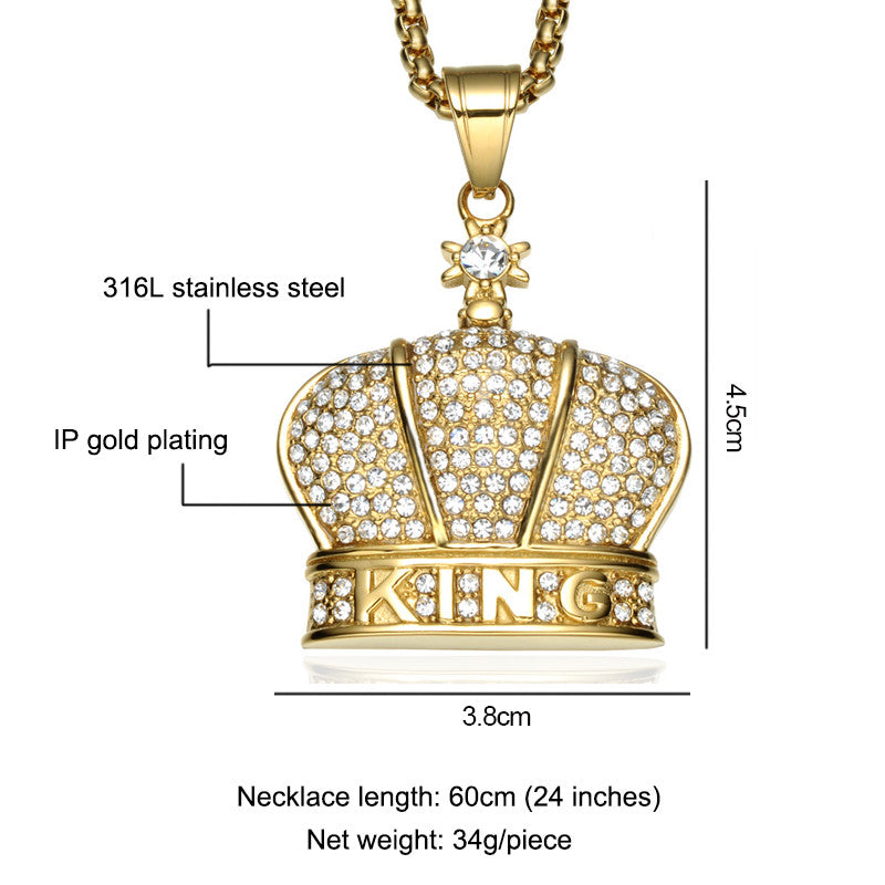 14k Gold Flooded Ice King Crown AAA Stone Stainless Steel Hip Hop Pendant