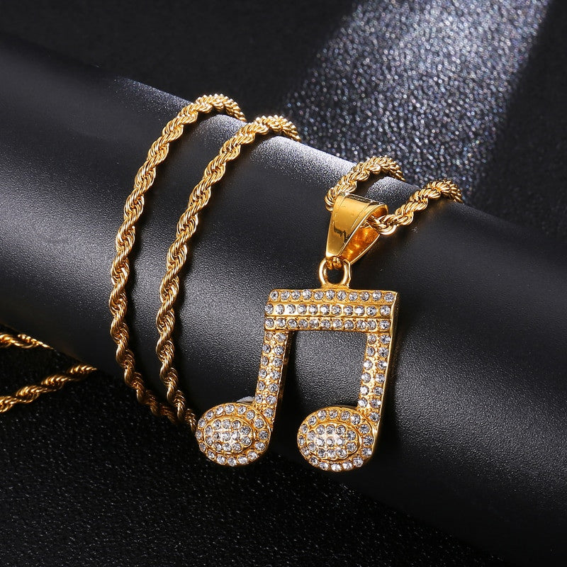 Iced Out Music Note Lab Diamond Stainless Steel Pendant Chain Necklace