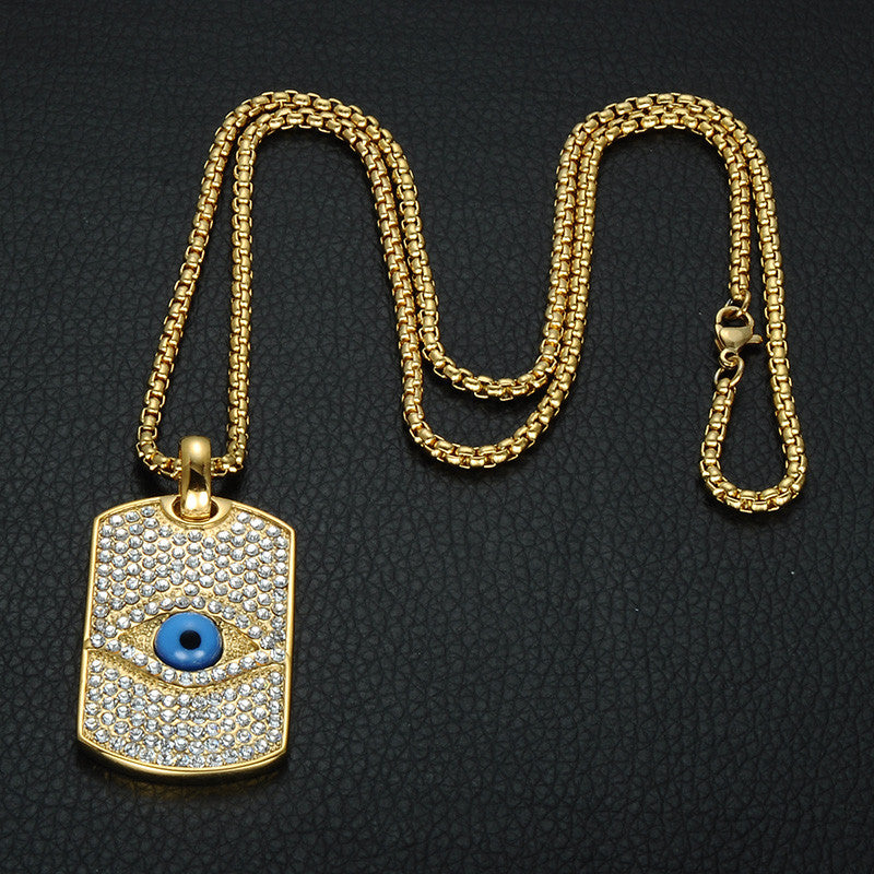 Illuminated Eye | Hip Hop Flooded Ice All Seeing  No Fade Stainless Steel Dog Tag Necklace